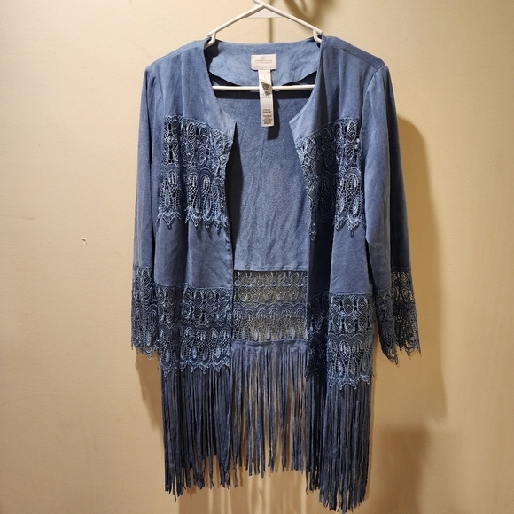 Chico's blue faux suede lace fringe open front cardigan Chico's size 1 - Picture 6 of 14